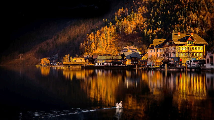 Reflections, river, hills, town, fall, mountain, lake, darkness, reflection, autumn, swan HD wallpaper