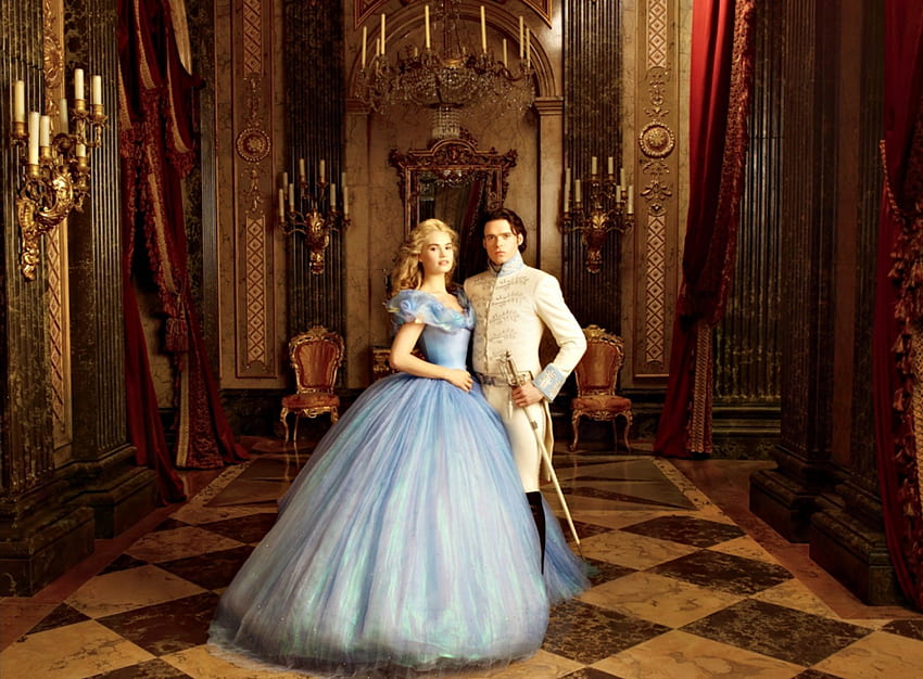 Cinderella (2015), biru, pangeran menawan, pirang, Richard Madden, disney, gadis, Cinderella, aktris, gaun, wanita, Lily James, fantasi, cinta, film, aktor, pasangan Wallpaper HD
