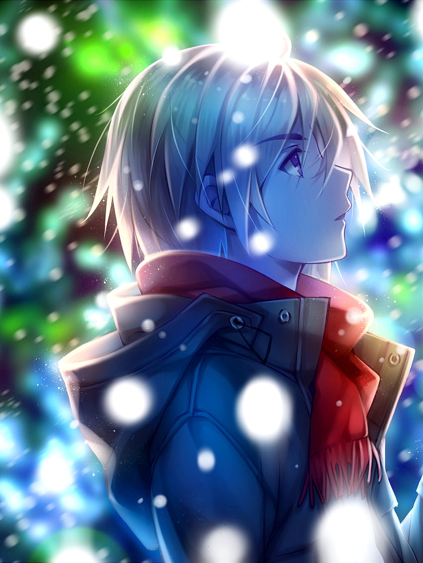Anime Boy, vue de profil, écharpe rouge, hiver, neige, café Fond d'écran de téléphone HD