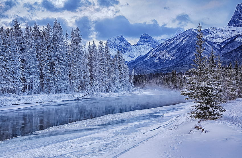 Kanada'da kış, nehir, kış, don, Kanada, manzara, soğuk, güzel, dağ, göl, kar, ağaçlar, gökyüzü, orman HD duvar kağıdı