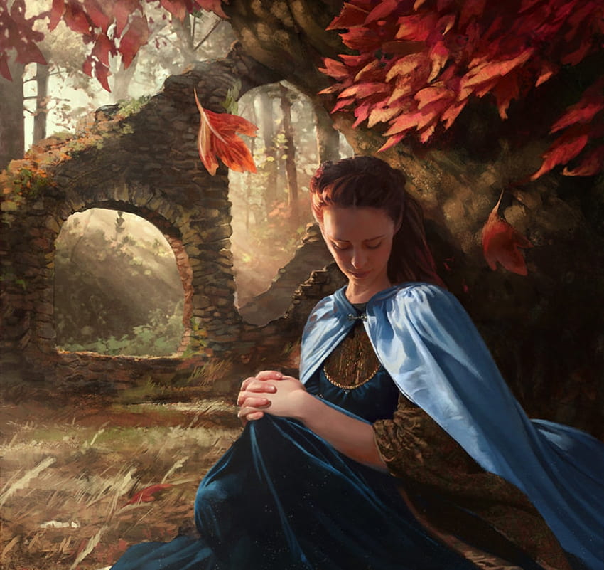 Sansa Stark, seni, josu hernaiz, gadis, fantasi, musim gugur, daun, luminos, game of thrones Wallpaper HD