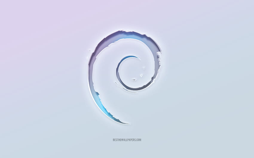 Лого на Debian, изрязан 3d текст, бял фон, лого на Debian 3d, емблема на Debian, Debian, релефно лого, емблема на Debian 3d HD тапет