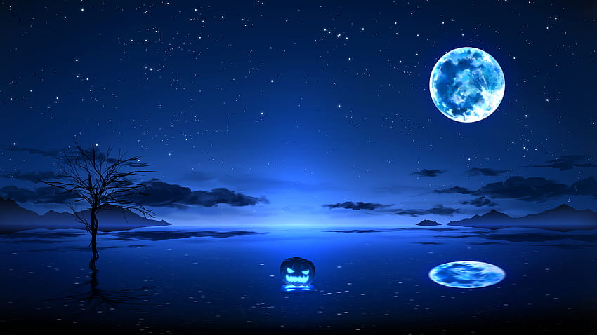Anime Trees Mountain Moon Blue Starry Sky Reflection On Lake Anime HD wallpaper