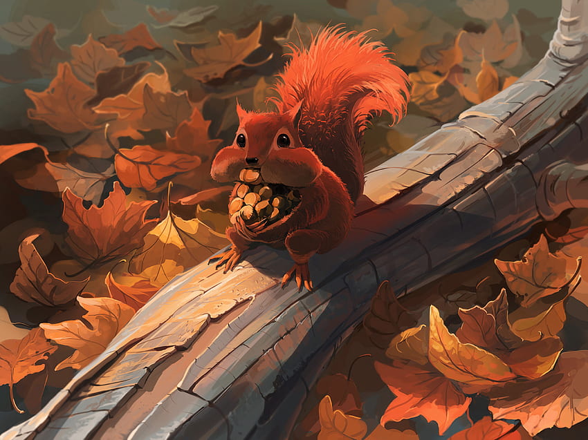 Eichhörnchen, Lebensmittel, Kunst, Herbst, Nüsse, Laub HD-Hintergrundbild