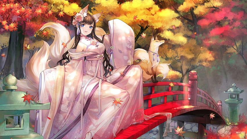 Anime-Mädchen, Fuchs, traditionelle Kleidung, Neunschwanz, Tierohren, blaue Augen, Herbst für Breit, Kitsune-Fuchs HD-Hintergrundbild