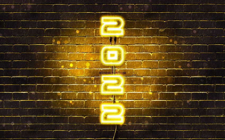 2022 on yellow background, vertical text, Happy New Year 2022, yellow brickwall, 2022 concepts, wires, 2022 new year, 2022 yellow neon digits, 2022 year digits HD wallpaper