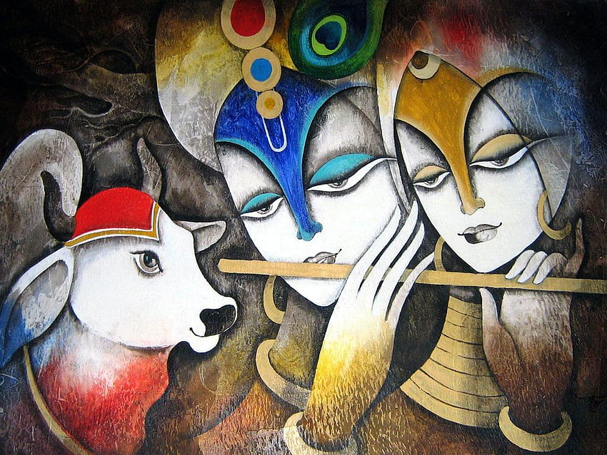 Krishna 유리 을 가진 Radha. 회화, 현대 종교 미술 추상화 HD 월페이퍼