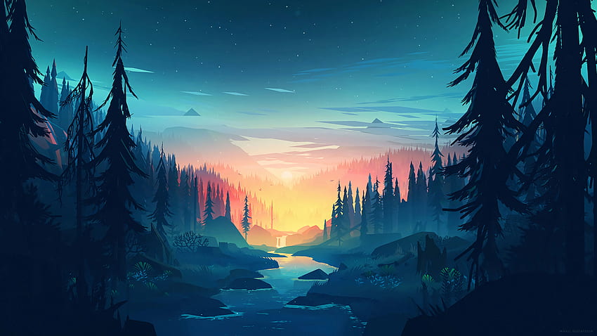 Минимална минималистична природа Sunrise River – най-добра HD тапет