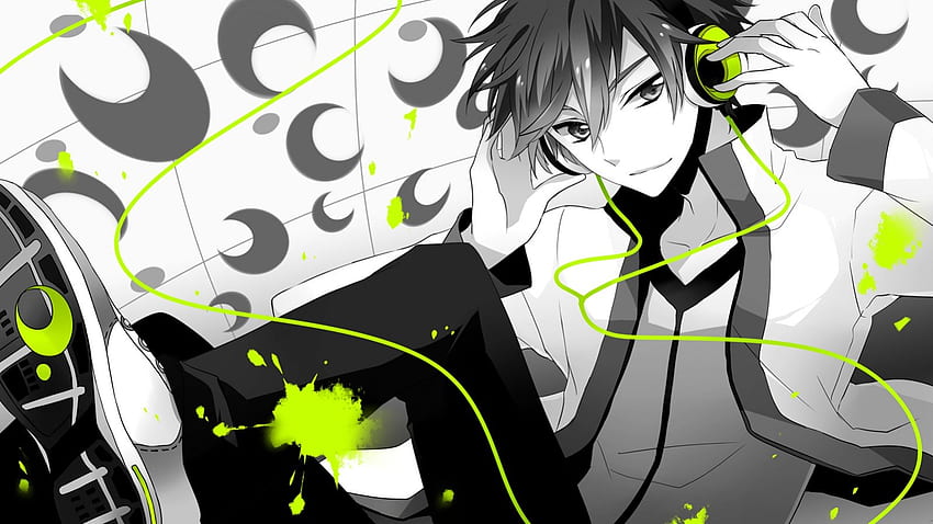 Boy, white, black, headphones, anime, black and white, green HD wallpaper