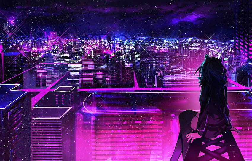 dach, dziewczyna, noc, miasto, neon dla , sekcja арт, Anime Neon City Tapeta HD