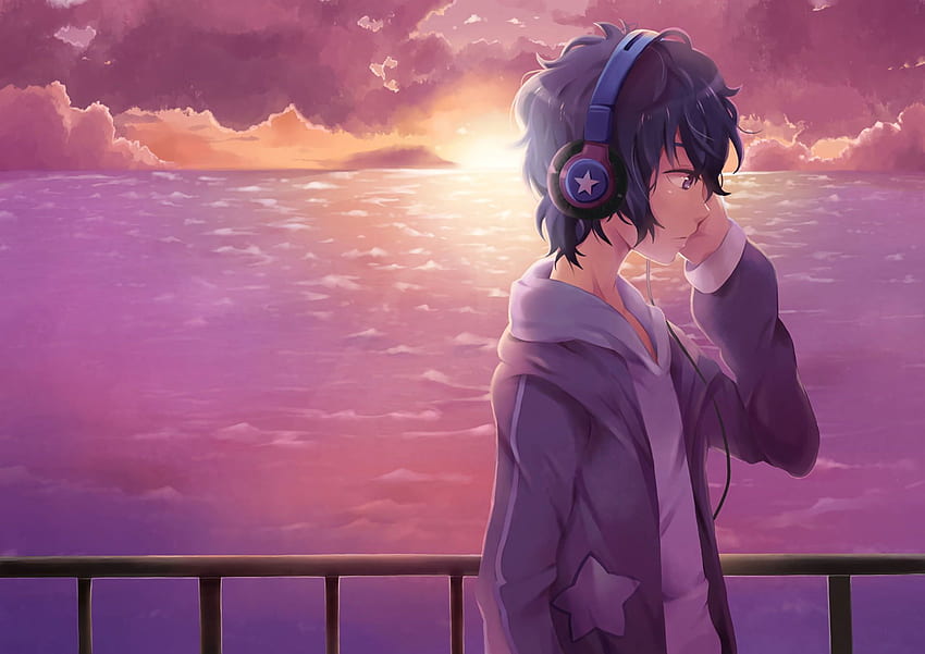 Anime , Original, Boy, Headphones, Original (Anime), sky, sunset in 2021. 헤드폰, 애니메이션 소년, 애니메이션 소년 HD 월페이퍼
