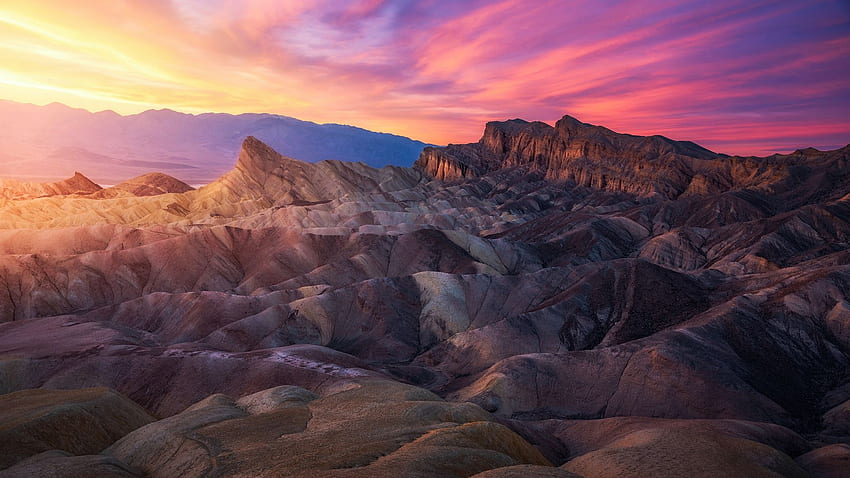 Spectacular sunset over badlands in Death Valley National Park in California, landscape, clouds, colors, sky, rocks, mountains, usa HD wallpaper