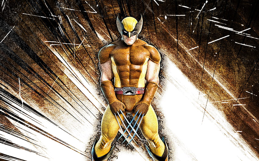 Wolverine, grunge art, superheroes, Logan, Marvel Comics, yellow abstract rays, James Howlett, Wolverine HD wallpaper