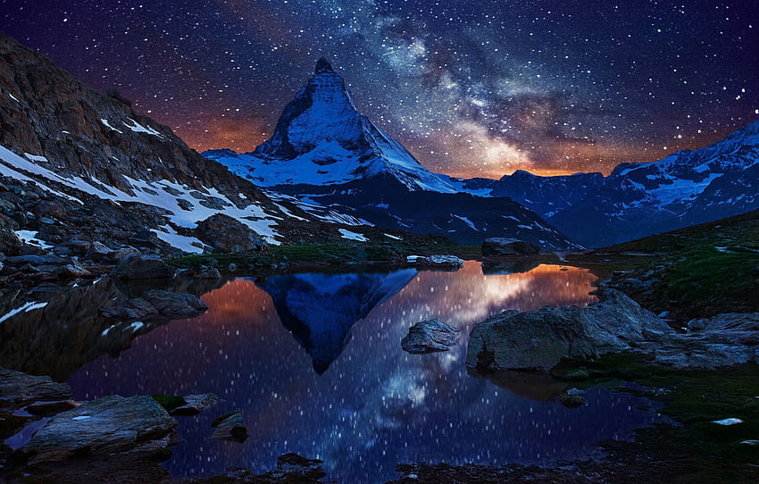 空、星、雪、夜、湖、山、スイス、アルプス、頂上、天の川、スイス、マッターホルン、マッターホルンのセクション 高画質の壁紙 | Pxfuel