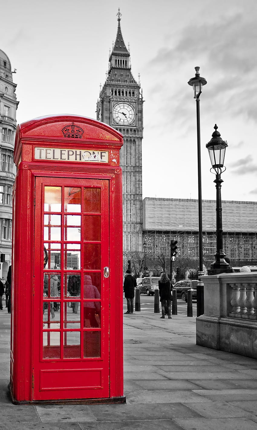 Memories of London, coffee on a cool afternoon like this and Background for your iPhone, iPad,. Black and white background, Red phone booth, Big ben, England HD phone wallpaper