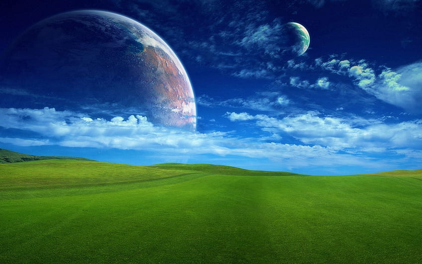 Universe, Nature, Grass, Sky, Planets, Clouds, Greens, Field, Lawn HD wallpaper