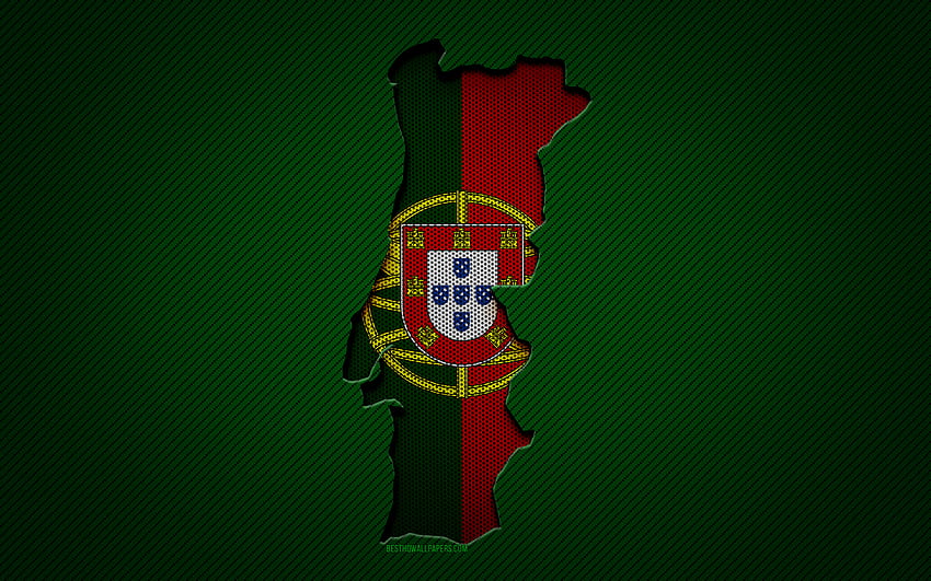 Portugal-Karte, europäische Länder, portugiesische Flagge, grüner Kohlenstoffhintergrund, portugiesische Kartensilhouette, portugiesische Flagge, Europa, portugiesische Karte, Portugal, Flagge von Portugal HD-Hintergrundbild