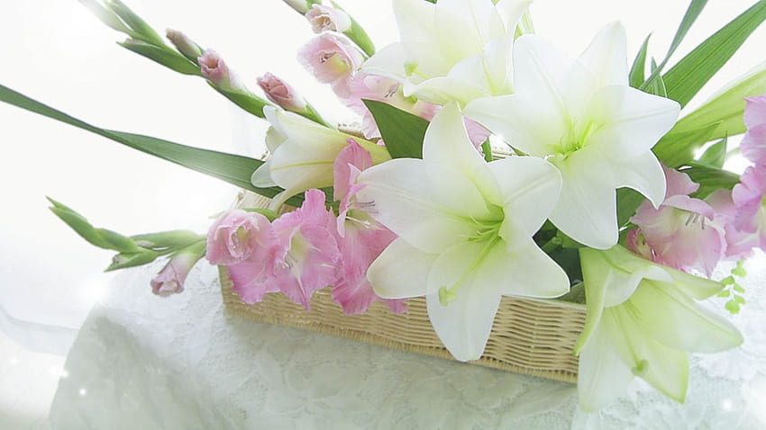 lilies, gladiolus, flowers, box, composition, tenderness, tablecloth Full Background HD wallpaper