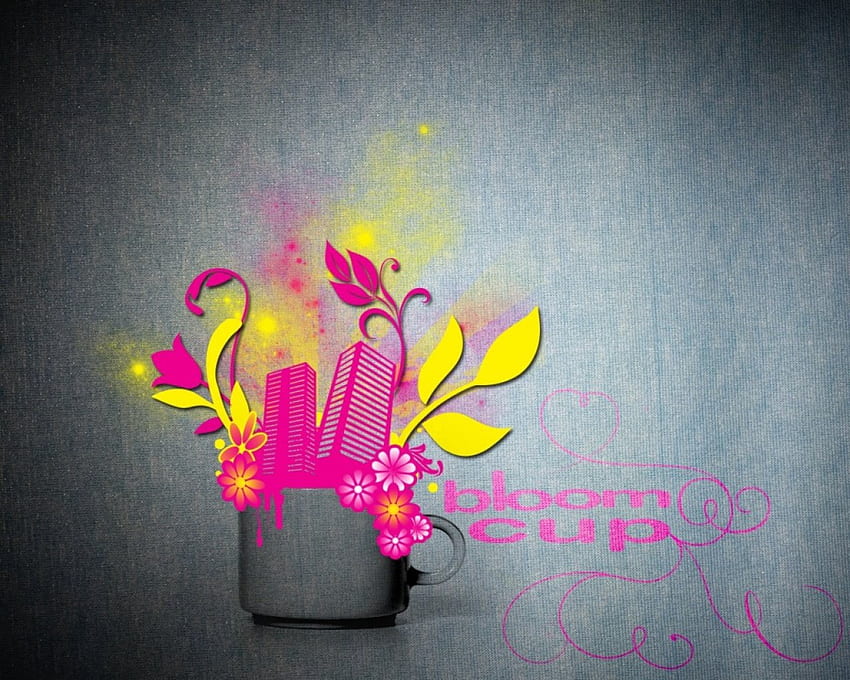 cup o' bloom, vectors, grey, cup, bloom, nice, pink, abstract, light, yellow, building, flowers, new HD wallpaper