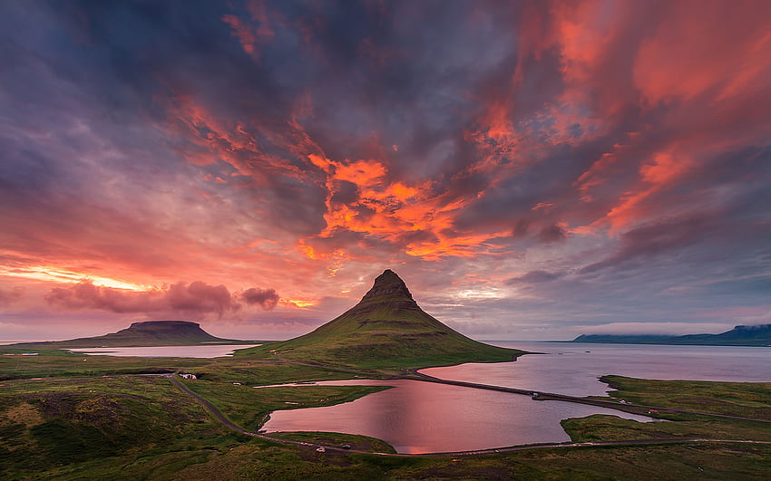 Iceland, Kirkjufell mountain, summer, sky, clouds, sunset HD wallpaper