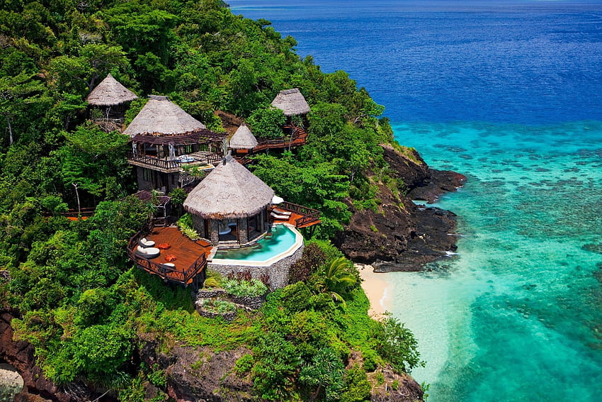 Tropikalna wyspa, tropikalny, kurort, morze, bungalow, wyspa Tapeta HD