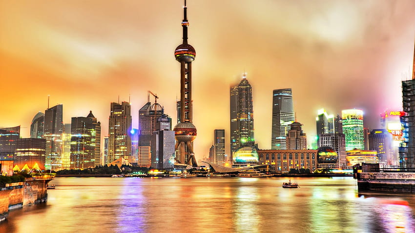 wonderful shanghai skyline r, skyscrapers, city, tower, bay, clouds, r, dusk HD wallpaper