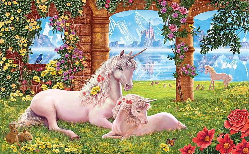 Unicorn Mother And Foal, meadows, unicorns, birds, mithology, rabbits ...