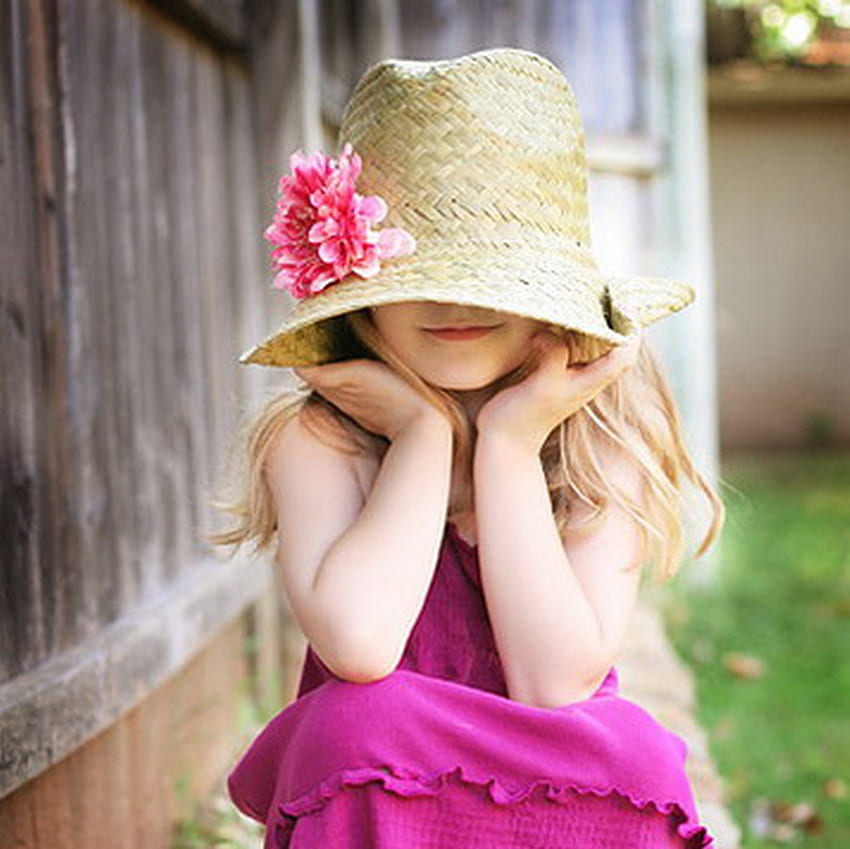 niño, rosado, rural, flor, esconder, sombrero fondo de pantalla