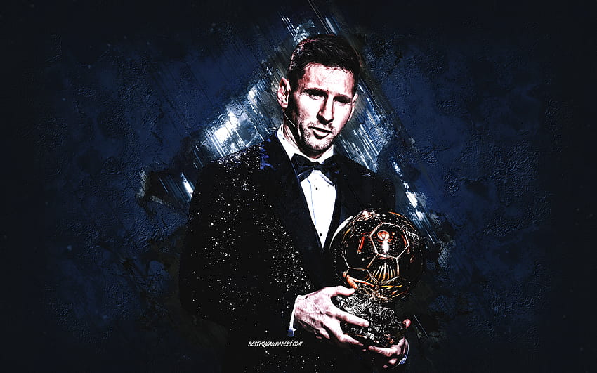 Lionel Messi, futbolista argentino, Ballon dOr 2021, Lionel Messi con el balón de oro, Leo Messi, fútbol, ​​ grunge azul fondo de pantalla