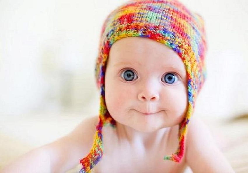 Só para te fazer sorrir, doce, chapéu de malha, sorriso, bebê, fofo, grandes olhos azuis, multicores papel de parede HD