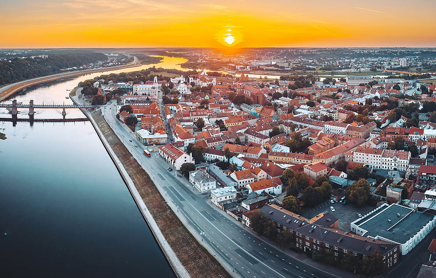 sunset, the city, Lithuania, Kaunas for , section город HD wallpaper
