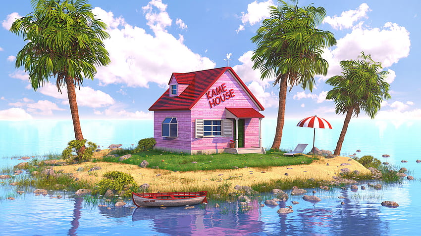 Pink Kame House Blue Sky Background Reflection On Water Dragon Ball HD wallpaper