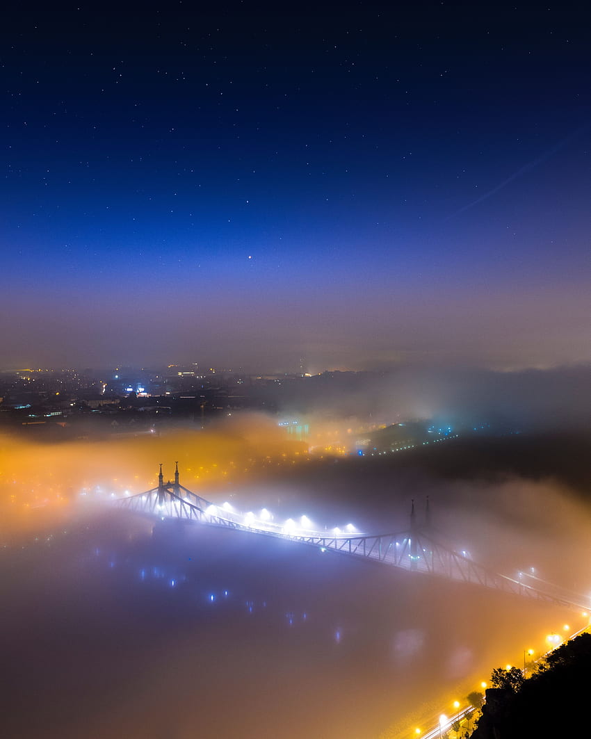 Natura, widok z góry, mgła, miasto nocą, most, Węgry, Budapeszt Tapeta na telefon HD
