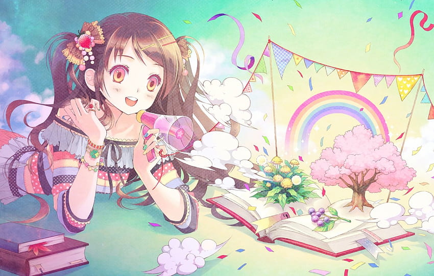 The Book Lover, Erdbeere, Mädchen, lange Haare, Baum, Bücher, Anime, Regenbogen, Wolken, braune Haare, Blumen, rosa Augen HD-Hintergrundbild