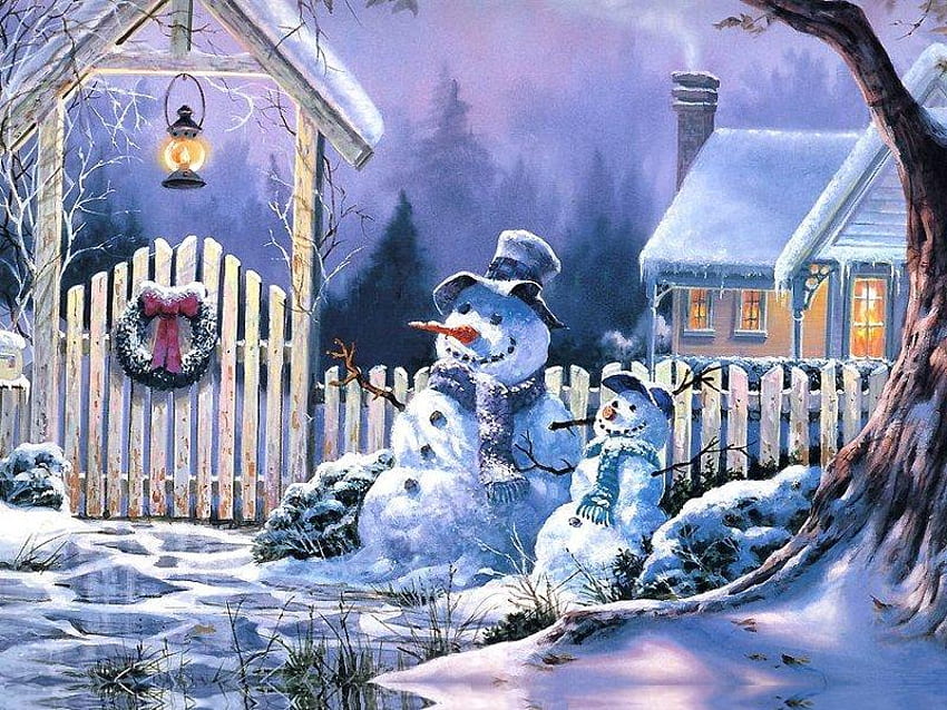 Snowman, snow, hats, man, fence HD wallpaper