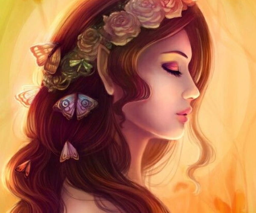 Bellezza elfica, farfalle, profilo, bella, ragazza, elfo Sfondo HD