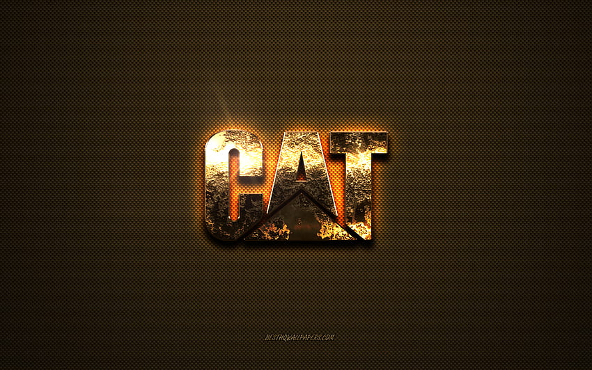 Złote logo CAT, grafika, brązowe metalowe tło, godło CAT, kreatywne, logo Caterpillar, logo CAT, marki, CAT, Caterpillar Tapeta HD