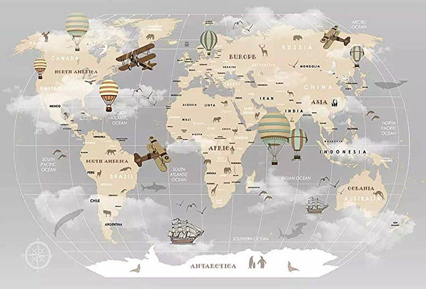GK Wall Design Vintage Mapa świata Tekstylny balon na ogrzane powietrze, Atlas świata Tapeta HD