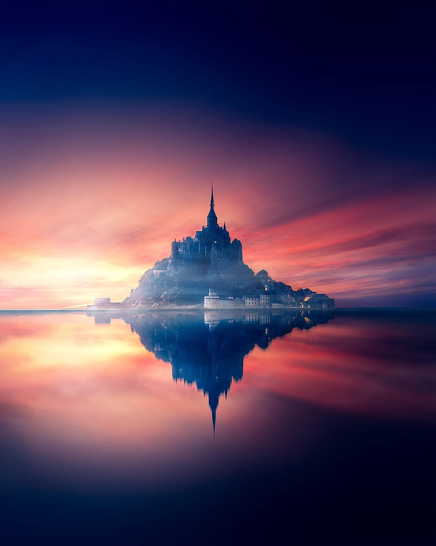 Städte, Sonnenuntergang, Schloss, Frankreich, Insel, Mont Saint Michel, Mont-Saint-Michel HD-Handy-Hintergrundbild