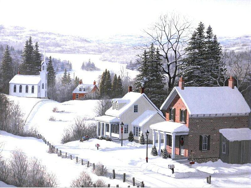 My Home Town, 冬, フェンス, 町, 平和, 教会, 家, 雪, 木, ホームステッド, きれい, 静か, 寒い, 新鮮な, 空気, ライト, 景色, 野原, ぱりっとした, 道路 高画質の壁紙