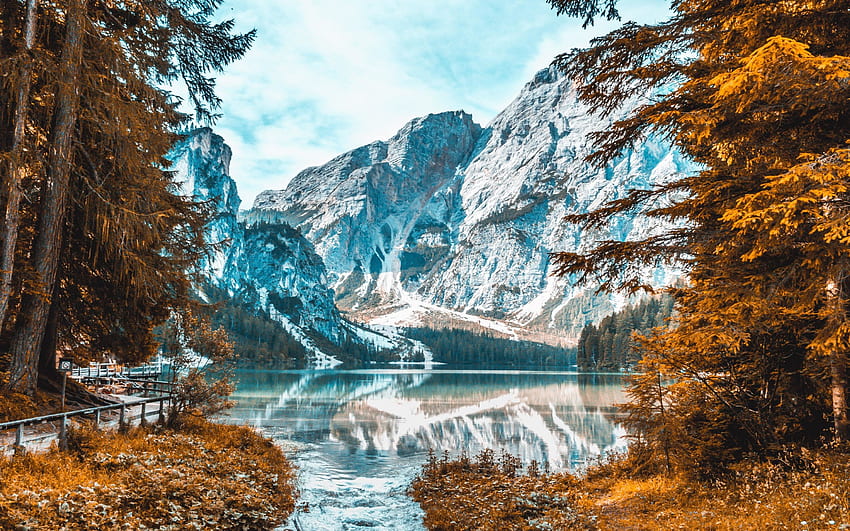 Snow-capped mountain, autumn, lake, nature HD wallpaper
