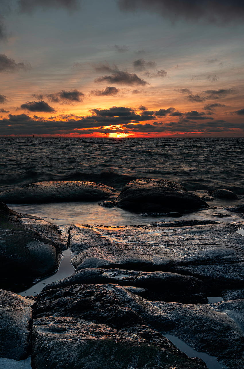 Nature, Sunset, Sea, Twilight, Waves, Shore, Bank, Dusk HD phone wallpaper