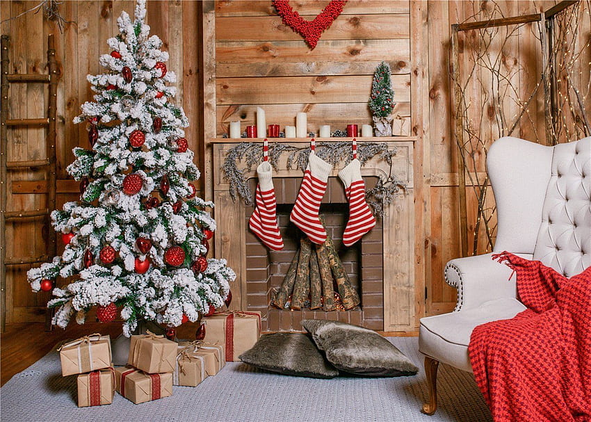 Wood House graphy Backdrops Christmas Tree Background Fireplace Red ...