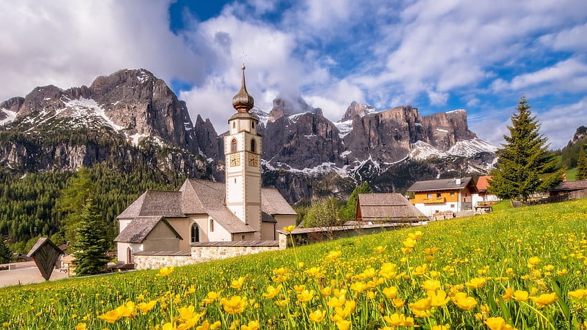 Dolomites, Italy, sky, meadow, flowers, alps, church, rocks, village, blossoms, south tyrol, clouds HD wallpaper