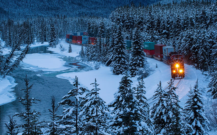 Louise Gölü'nde tren. Banff NP, Alberta, ağaçlar, lokomotif, kar, demiryolu, Kanada HD duvar kağıdı