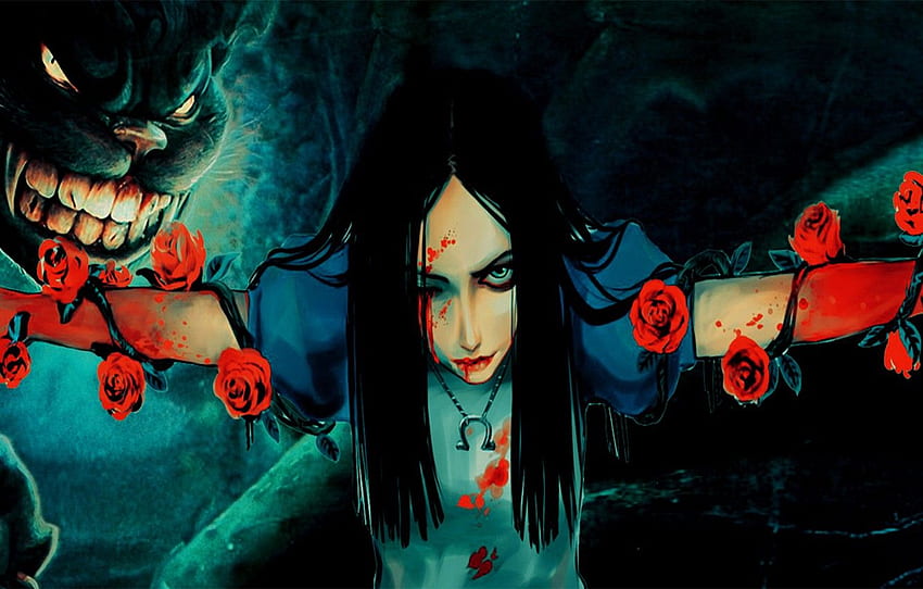 dziewczyna, krew, Alice, dziewczyna, krew, kot z Cheshire, Alice, Alice Madness Returns for , sekcja игры Tapeta HD