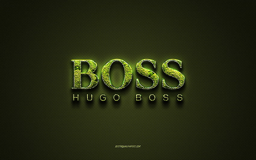 Hugo Boss logo, green creative logo, floral art logo, Hugo Boss emblem, green carbon fiber texture, Hugo Boss, creative art HD wallpaper