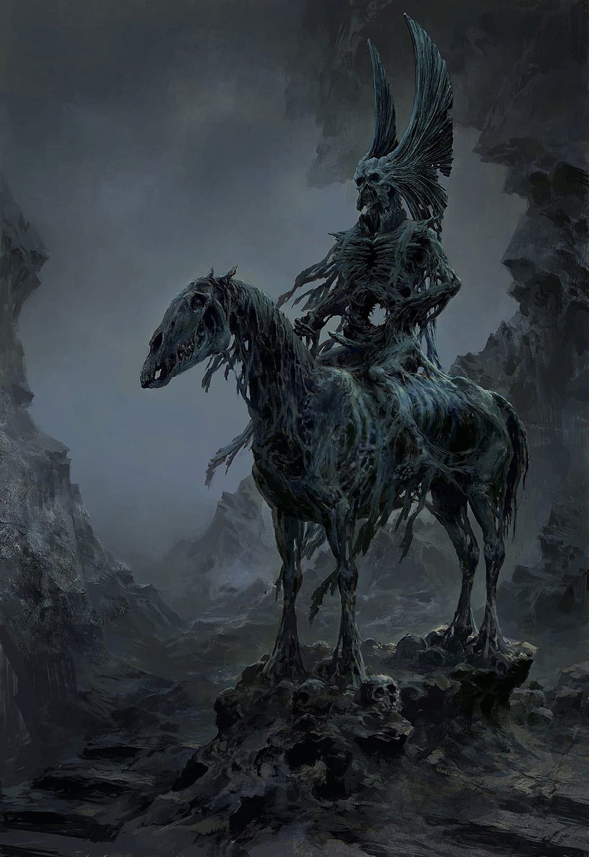 Squelette homme et cheval graphique, art fantastique, dessin, mort, cheval, Demon Horse Fond d'écran de téléphone HD