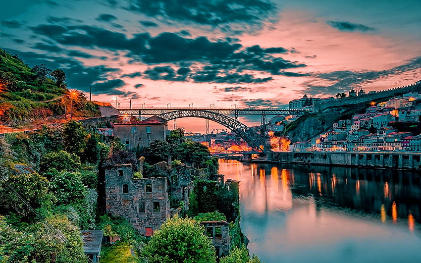 Porto, sunset, R, bridge, cityscapes, Portugal, Europe, portuguese cities HD wallpaper