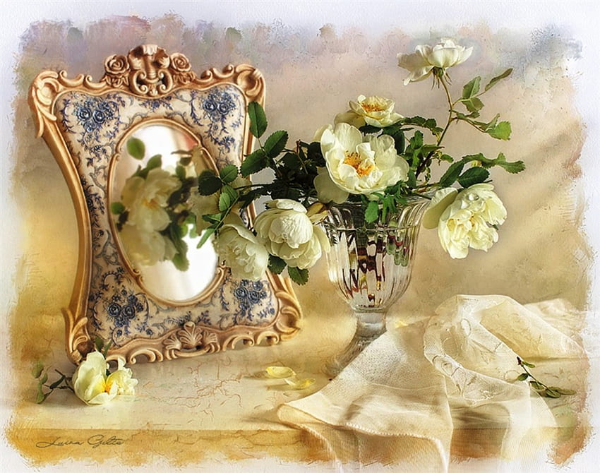 Vintage, mirror, table, graphy, roses, frame, soft, still life, abstract, petals, ivory, flowers HD wallpaper